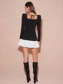 Enchnt 女士秋季日常装拼色纽扣装饰方领连衣裙