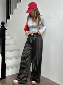 SHEIN EZwear Women Autumn/Winter College Style Striped Ribbed Waist Relaxed Wide Leg Sweatpants - Black and White - View 6