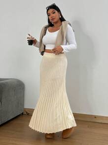 Flirla Falda plisada de punto casual de talla grande para señoras jóvenes, otoño/invierno