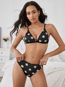 GARFIELD X SHEIN Conjunto de sujetador y ropa interior sexy y lindo de mujer con estampado de dibujos animados y con nudo en la espalda