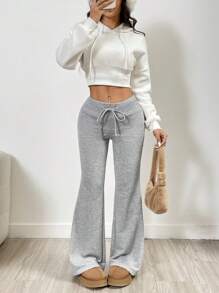 CovetEZ Solid Color Drawstring Twist Flare Leg Casual Versatile Knit Women Pants