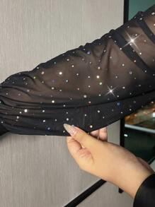 Allurite Plus Size V-Neck Ruched Mesh Sequins Lantern Sleeve Sexy Sheer Bodysuit For Party