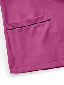 SHEIN TaskFit 2pcs Contrast Trim Casual Short Sleeve Top And Solid Color Pants Uniform Set, Scrub Sets - Hot Pink - View 3