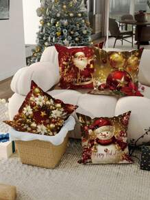 Juego de 4 fundas decorativas de terciopelo con diseños navideños de Papá Noel, muñeco de nieve y flor de Pascua, con cierre de cremallera contemporáneo en rojo y dorado, de poliéster tejido de 18x18 pulgadas, lavables a máquina para sofá, dormitorio y sala de estar - No incluye relleno, decoración de otoño, decoración de temporada