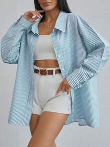 RueChic 條紋印花落肩袖襯衫