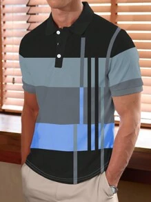 Manfinity Homme Men's Contrast Color Striped Print Button Casual Short Sleeve Polo Shirt - Multicolor - View 1