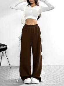 Chiquease Ins Style Casual Women Wide Leg Pants With Bow Lace Patchwork Detail, Loose Fit Straight Trousers For Autumn