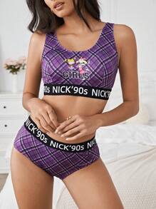 Nick 90s | SHEIN Purple Plaid & Cartoon Print, Cute, Comfy Basic Sports Bra & Panty Set For Women - Purple - View 5