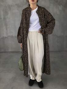 FRIFUL 女士休闲中长宽松灯笼袖豹纹连衣裙，秋季日常穿着