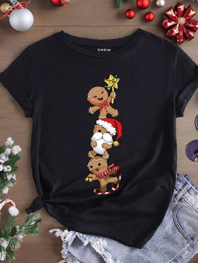INAWLY Koszulka z krótkim rękawem z nadrukiem piernikowym w stylu bożonarodzeniowym, koszulki z nadrukiem graficznym, damskie topy