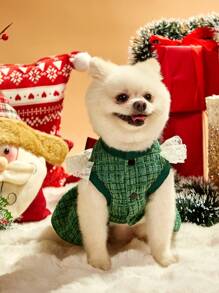 PETSIN 1 pièce Robe de chien décorative avec nœud de cerf, patchwork à carreaux verts de Noël et dentelle pour animaux de compagnie