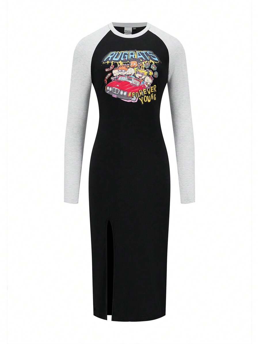 Nick 90s | SHEIN Vestido de estilo fresco con mangas raglán y patrón de carreras de Chuckie Finster, Angelica Pickles, Pickles y Susie Carmichael en colores negro y gris, ideal para otoño e invierno - Negro - Ver 1