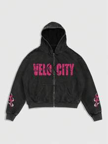 ROMWE MEN Street Life Hoodie Pria Kasual dengan Cetakan Huruf & Angka dan Resleting - Hitam - View 2