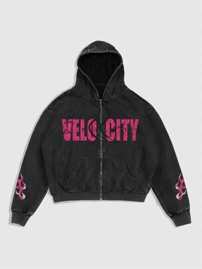 Street Life Sudadera con capucha de cierre para hombre, casual, con estampado de letras y números