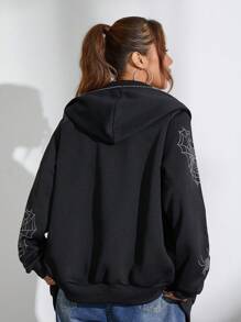 Flirla Reflective English Graphic Hooded Zip-Up Long Sweatshirt