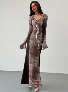 Aloruh Vestido de mujer con cuello en V profundo, bajo con volantes, estampado de mármol en contraste y mangas abombadas - Marrón - Ver 1