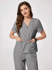 TaskEZ Solid Color V-Neck Pocket Short Sleeve Top And Pants Uniform Clothes Set, Scrub Sets - Grey - View 4