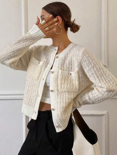 DAZY 女士休闲复古口袋前扣开衫，宽松版型，适合秋冬季，秋季女装女士毛衣