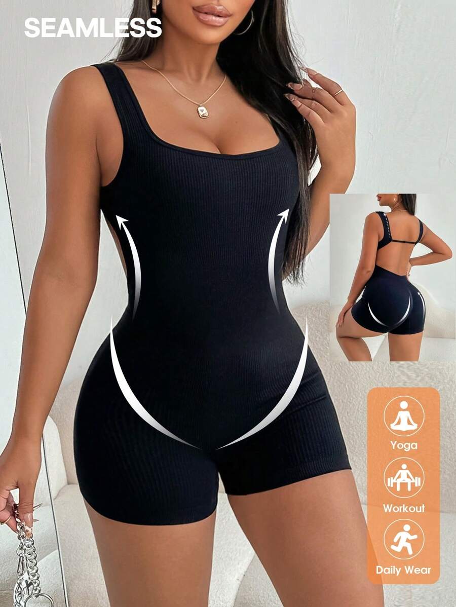 Zolique Women Seamless Knit Backless Jumpsuit - Black - View 1