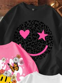 SHEIN Leap Crew 3 件套 Tween 女童休闲豹纹笑脸花卉图案厚款宽松圆领长袖羊毛运动衫，黑色/粉色/白色，适合秋冬季 - 彩色 - 查看 3