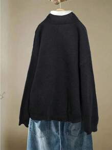 SHEIN LUNE 复古风格宽松前开长袖纯色女式开衫，秋冬款 - 黑色 - 查看 2