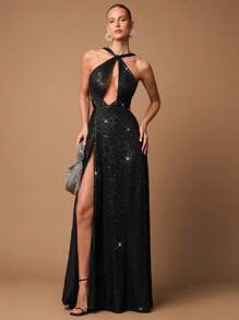 SHEIN BAE 优雅简约黑色镂空系带开衩闪光亮片派对礼服，适合鸡尾酒会、浪漫约会、秋冬针织连衣裙、派对、婚礼伴娘、夜间外出、万圣节、圣诞节 - 黑色 - 查看 7