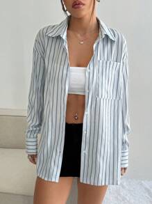 SHEIN Unity 女士休闲落肩长袖宽松浅蓝色条纹衬衫，秋季 - 淺藍色 - 查看 3