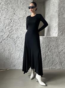 DAZY 1pc Women's Midi Length Backless Asymmetrical Hem Dress,Casual Women Dresses,Fall Dress Long Sleeve Dress - Black - View 2