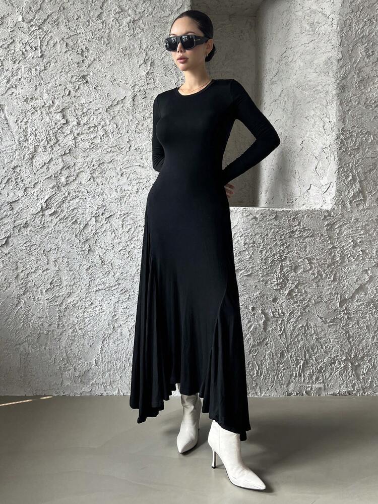 1pc Women's Midi Length Backless Asymmetrical Hem Dress,Casual Women Dresses,Fall Dress Long Sleeve Dress