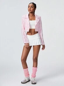 TRNVIE Pink Plaid Cropped Blazer Jacket, Fashion Design For Autumn Fall Cloth For Women - Pink - View 4