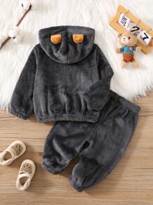 SHEIN Leap Crew 2 件套男婴/女婴可爱卡通熊图案羊毛连帽衫运动衫和松紧腰裤套装，适合秋冬季 - 彩色 - 查看 2