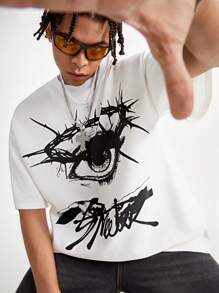 Manfinity VCAY Men's Loose Fit Eye Print Crew Neck Short Sleeve T-Shirt, Suitable For Summer - White - View 5