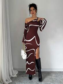 Elenzga 抽象涂鸦印花不对称领口高开叉修身长裙新年服装长款女装 - 紅色 - 查看 3