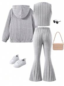 SHEIN 3pcs/Set Girls Solid Color Knitted Cardigan Jacket, Embroidered Vest And Pants, Autumn/Winter