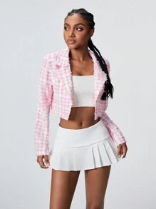 TRNVIE Pink Plaid Cropped Blazer Jacket, Fashion Design For Autumn Fall Cloth For Women - Pink - View 5