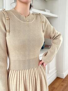 DAZY Crew Neck Solid Color Buttoned Pleated Women Knitted Sweater Dress