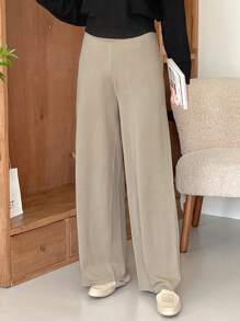 DAZY 1pc Women Solid Color Wide Leg Knitted Pants, Suitable For Autumn/Winter - Apricot - View 1