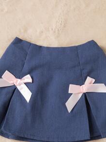 女童蝴蝶结荷叶边下摆 A 字裙，舒适时尚，2024 年夏季新品 - 藍色 - 查看 4