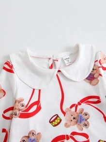 2pcs Young Girls Bow Tie Ribbon Bear Gift Graphic Print Long Sleeve Peter Pan Collar Top & Casual Pants Comfortable Home Set - Multicolor - View 3