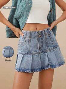WESTFADE Premium Denim Low Waist Pleated 91% Cotton Mini Skirt - Light Wash - View 9