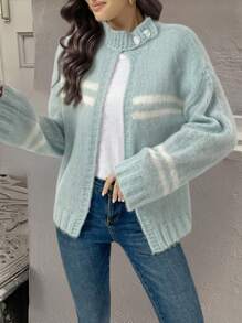 Chiquease Áo khoác cardigan kẻ sọc pha lông dê cho nữ, Thu/Đông - Nhiều màu - Xem 3
