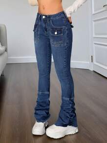 SHEIN Teen Girls' Y2K Vintage 2000s Flap Pocket Washed Stacked Jeans,Girls Fall Clothes Homecoming Concert Streetwear Outfits