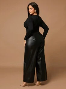 SHEIN BAE Plus Size Gold Button Accessories Black Modified Leg PU Pants Suitable For Daily Versatile,Elegant,Halloween,Christmas,Thanksgiving Day - Black - View 5