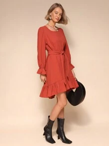 SHEIN Unity 1pc Women's Solid Color Crew Neck Long Sleeve Simple Casual Tie-Up Dress, Chic And Elegant Fall Cloth For Women - Redwood - View 1