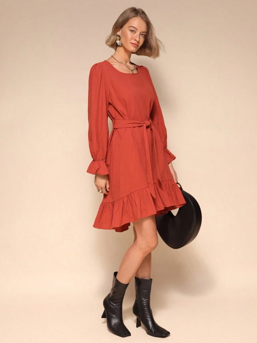 SHEIN Unity 1pc Women's Solid Color Crew Neck Long Sleeve Simple Casual Tie-Up Dress, Chic And Elegant Fall Cloth For Women - Redwood - View 1
