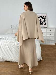 SHEIN Privé Plus Size Elegant Commuting Work Sophisticated High-End Venue Exquisite Afternoon Tea Date Music Concert Party Khaki Earth Tone Loose Generosity Asymmetrical Hem Cape Poncho Top & Fish Tail Skirt, For Winter - Khaki - View 2