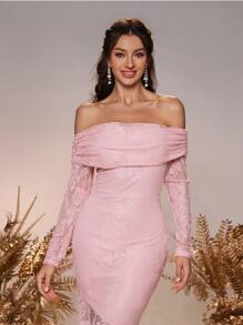 SHEIN Belle Women's Elegant Blush Pink Stretch Lace Off-Shoulder Long Sleeve Asymmetric Fishtail Dress,Spring Wedding Formal Bridesmaid Party Dresses - Dusty Pink - View 1
