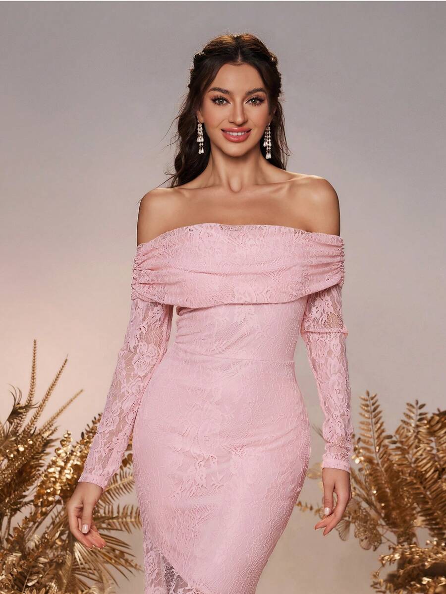 SHEIN Belle Women's Elegant Blush Pink Stretch Lace Off-Shoulder Long Sleeve Asymmetric Fishtail Dress,Spring Wedding Formal Bridesmaid Party Dresses - Dusty Pink - View 1