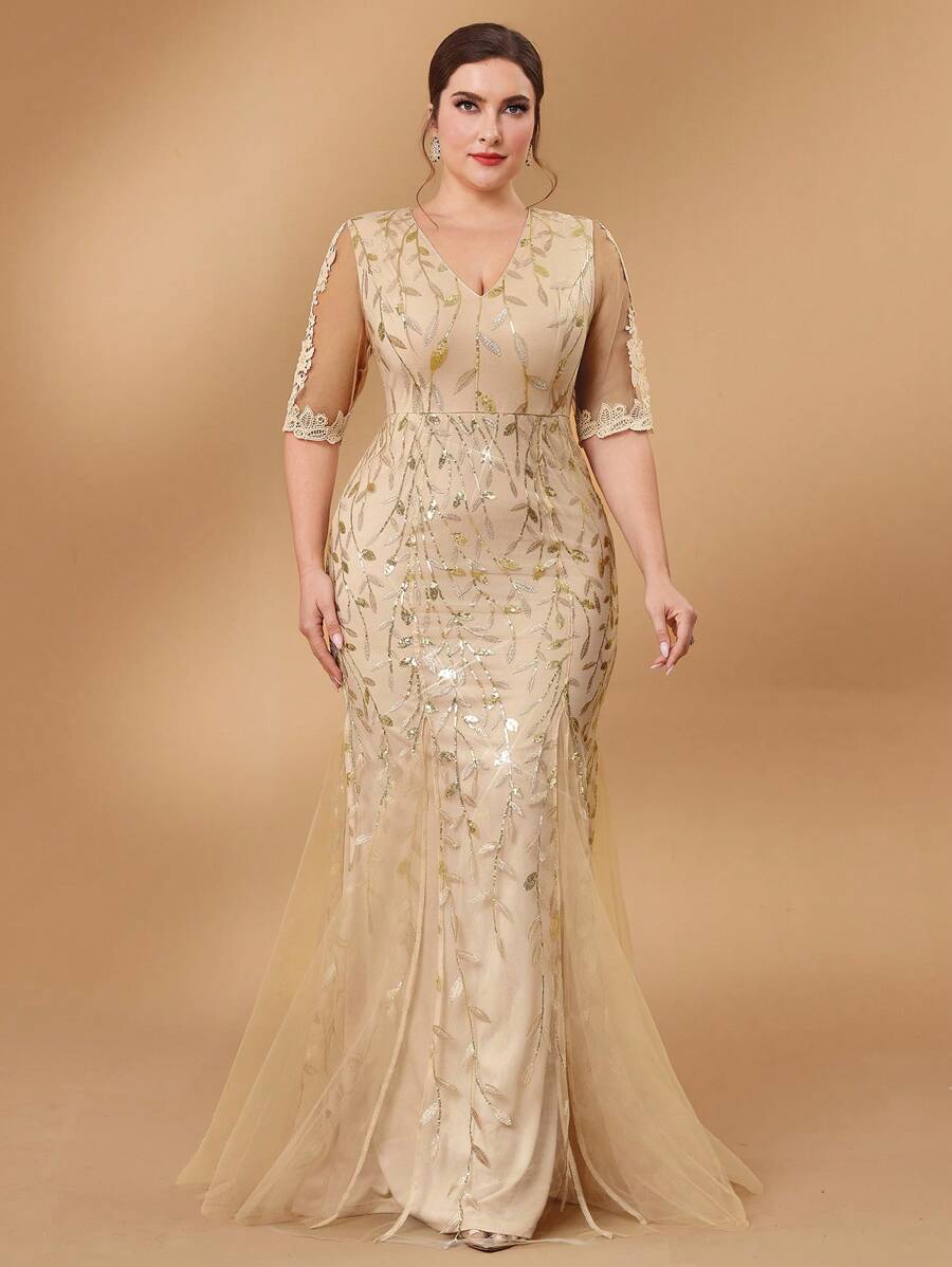 SHEIN Belle Plus Size Sequin Patchwork Applique Mermaid Silhouette