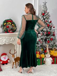 SHEIN Privé 大码女式圣诞美人鱼下摆拼接网眼绿色连衣裙，适合晚宴派对假期 - 墨綠色 - 查看 2